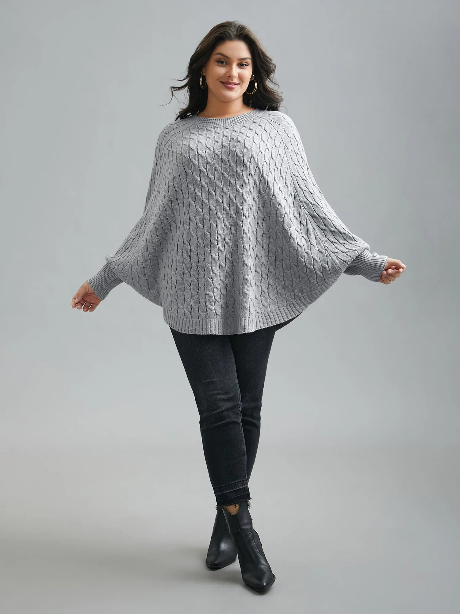 Cable Knit Dolman Sleeve Curved Hem Pullover sold by Bloomchic product image thumbnail 3