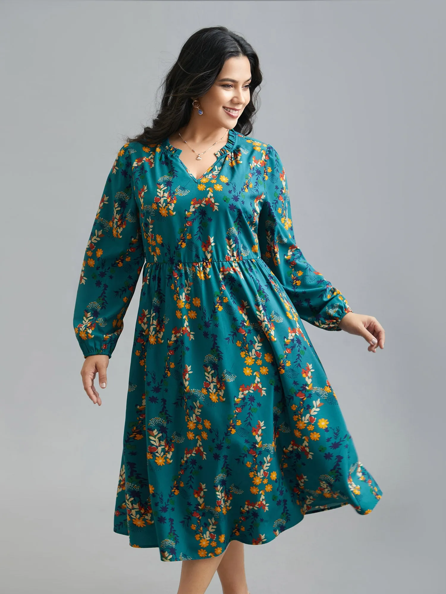 Floral Print Ruffled Notched Collar Midi Dress sold by Bloomchic product image thumbnail 3