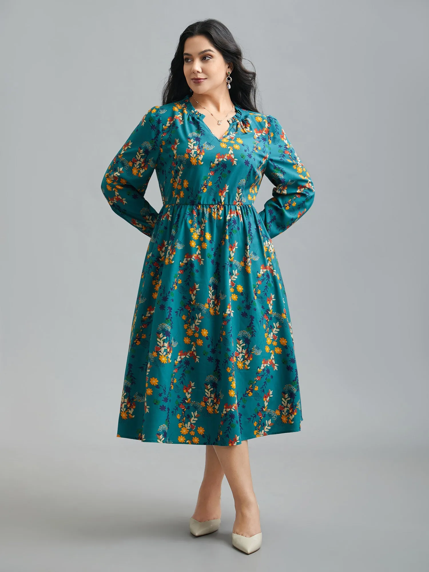 Floral Print Ruffled Notched Collar Midi Dress sold by Bloomchic product image thumbnail 2