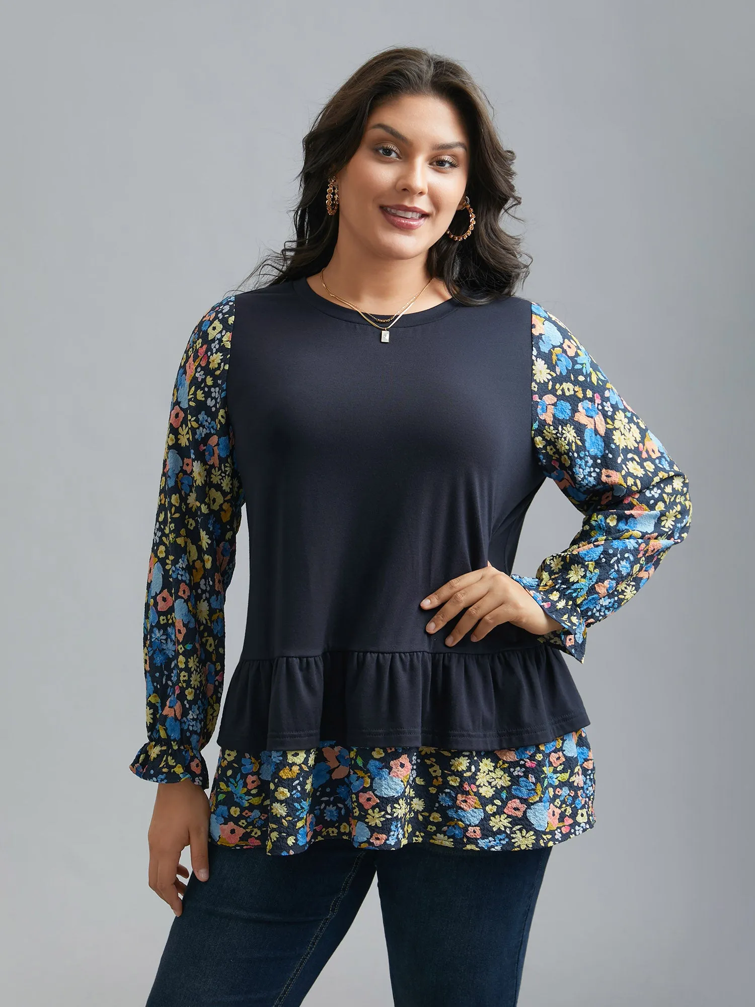 Floral Spliced Tiered Hem T-Shirt sold by Bloomchic