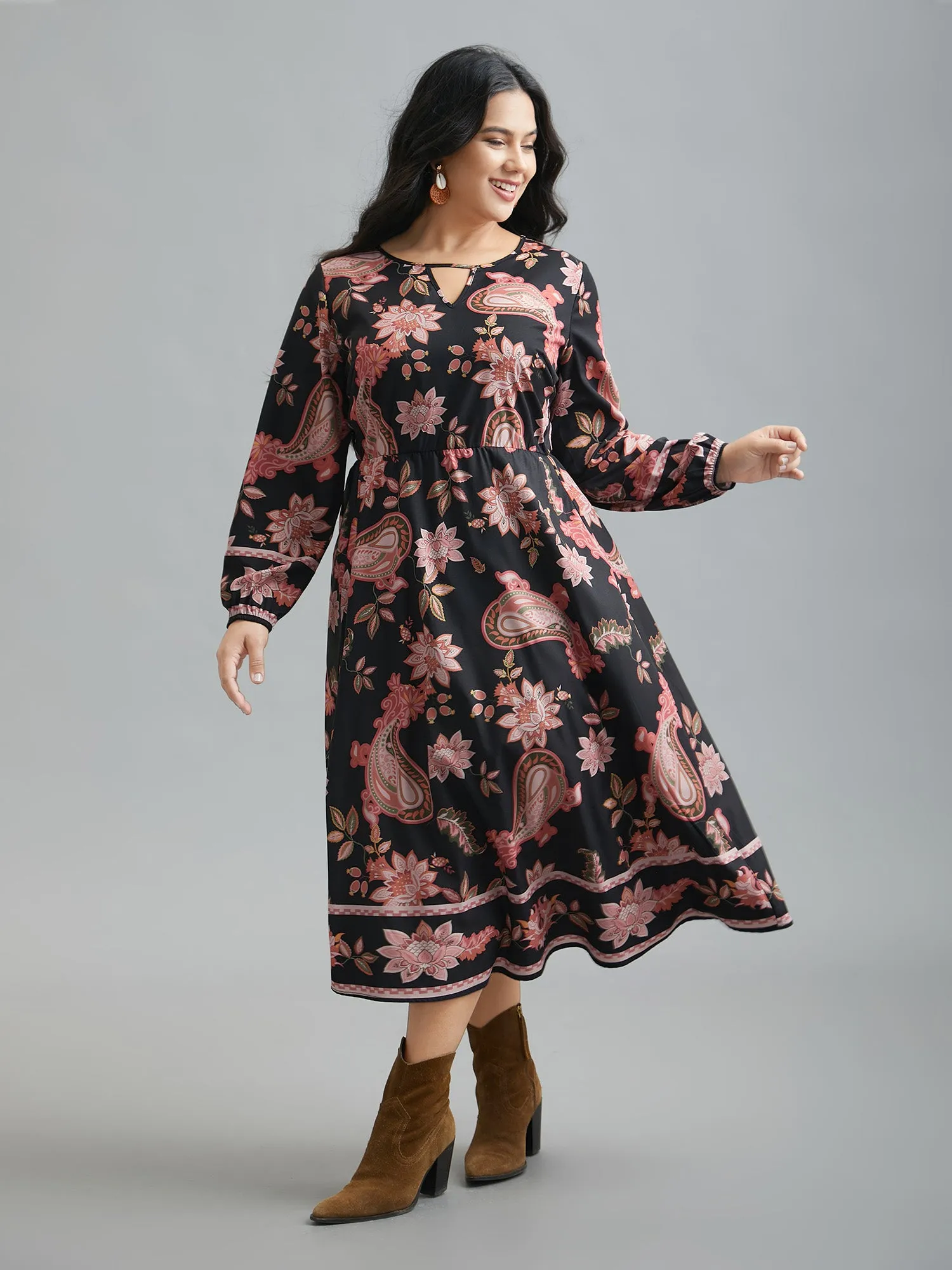 Floral Boho Print Neck Cut-Out Dress sold by Bloomchic