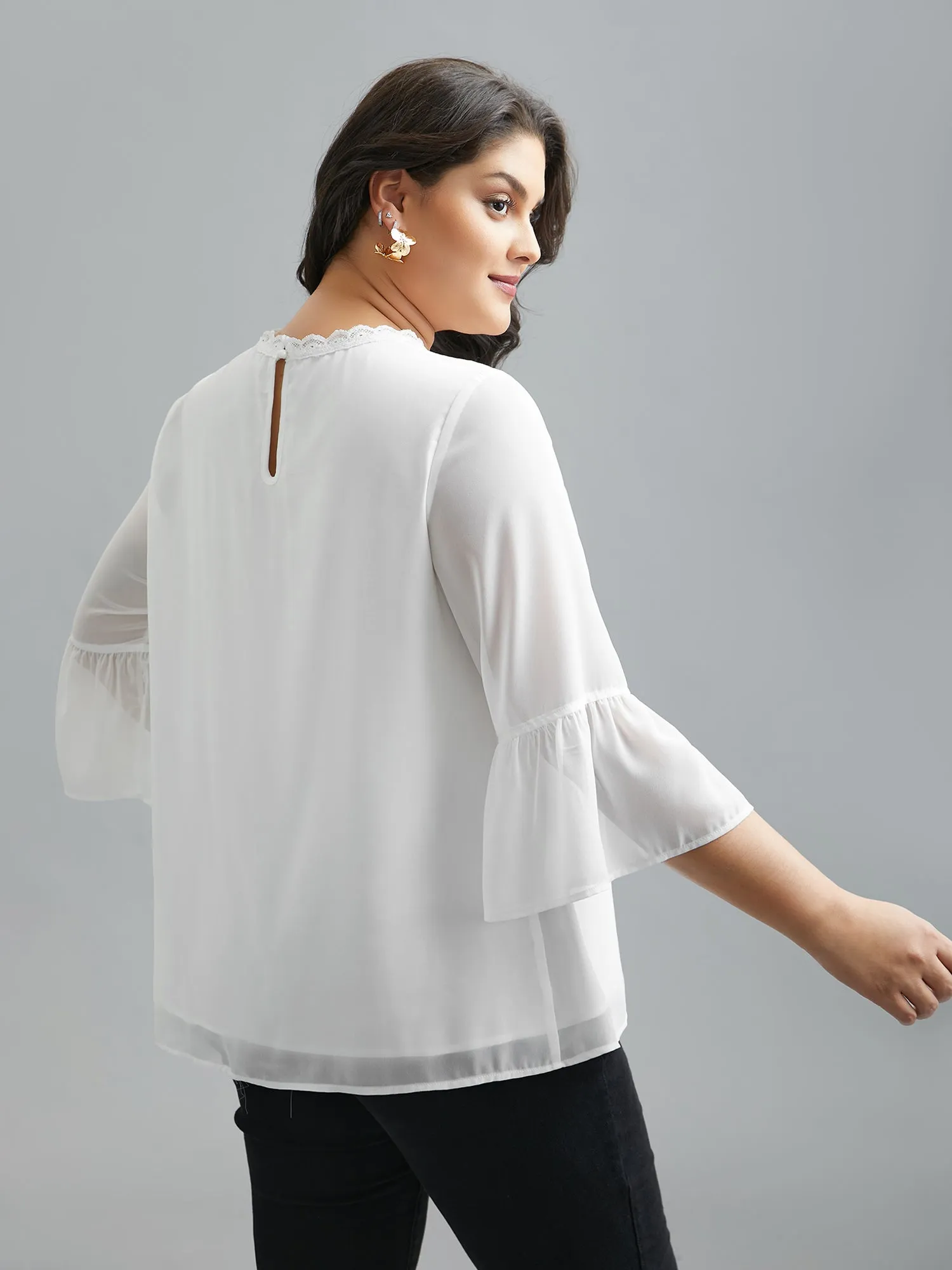 Dreamy Lace Neck Flared Sleeve Chiffon Blouse sold by Bloomchic product image thumbnail 5