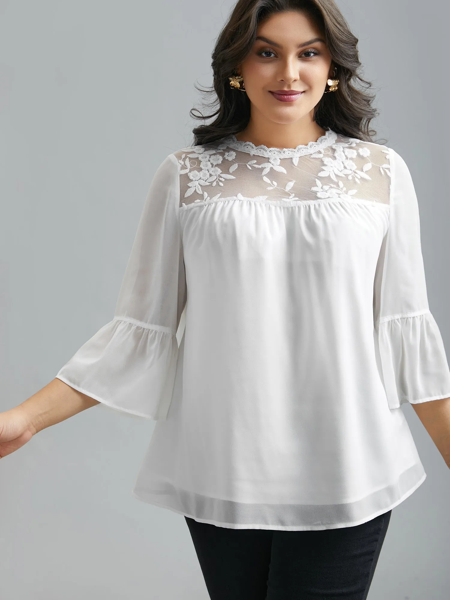 Dreamy Lace Neck Flared Sleeve Chiffon Blouse sold by Bloomchic