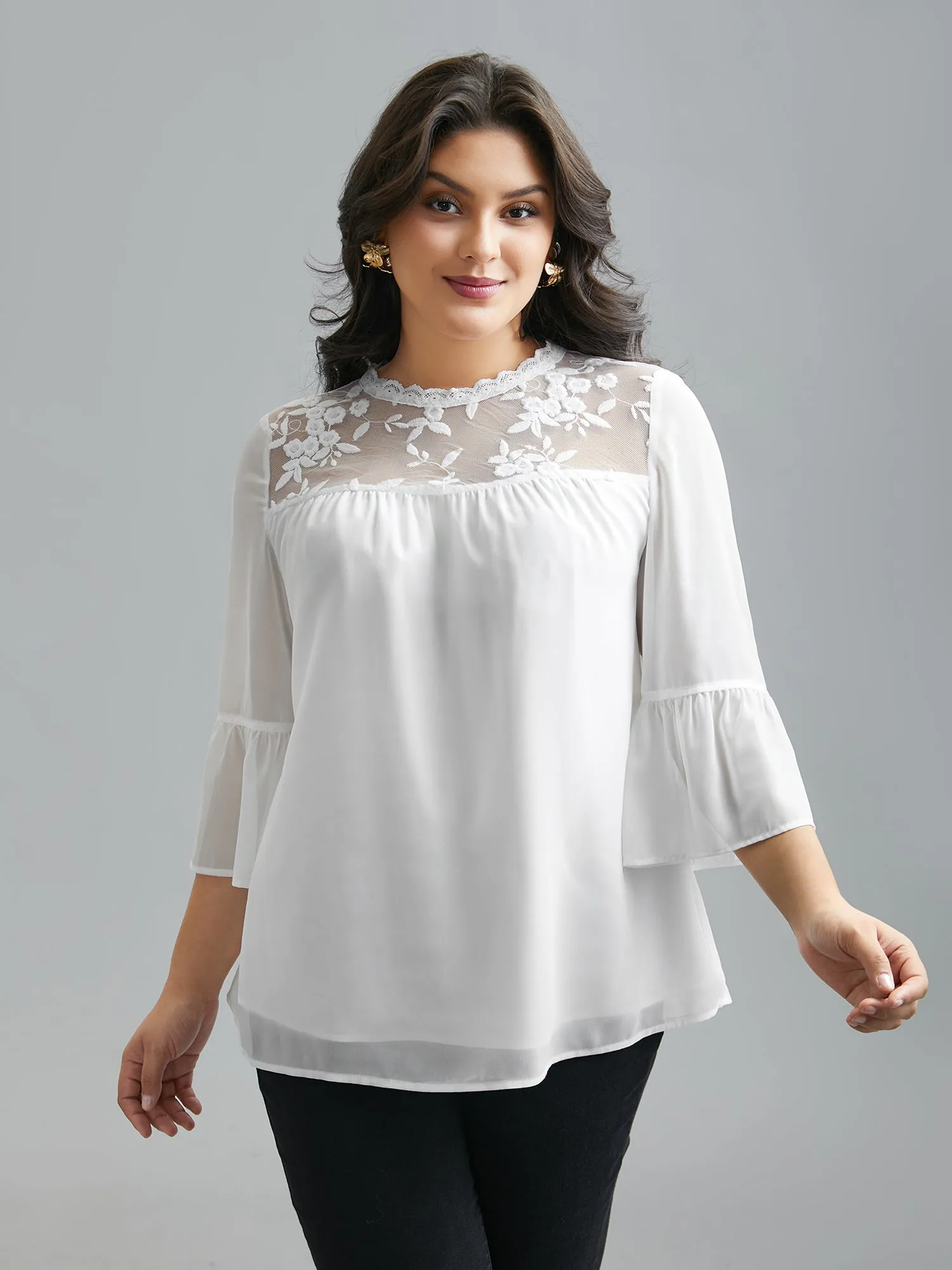 Dreamy Lace Neck Flared Sleeve Chiffon Blouse sold by Bloomchic product image thumbnail 4