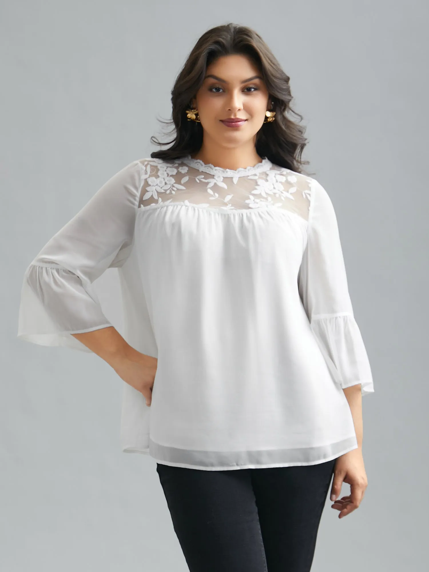 Dreamy Lace Neck Flared Sleeve Chiffon Blouse sold by Bloomchic product image thumbnail 3