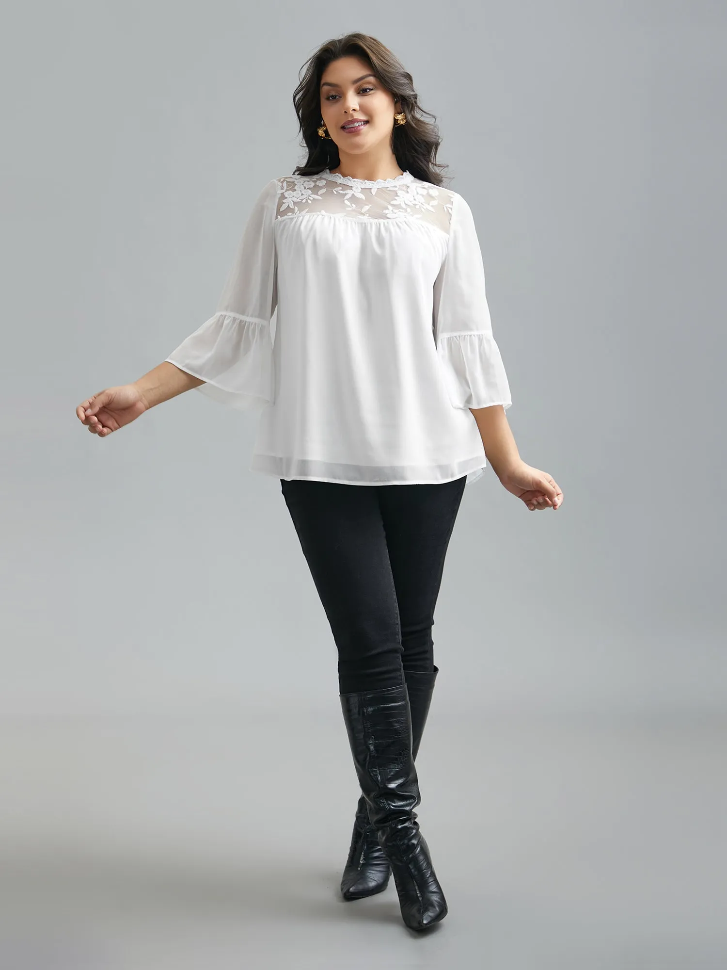 Dreamy Lace Neck Flared Sleeve Chiffon Blouse sold by Bloomchic product image thumbnail 2