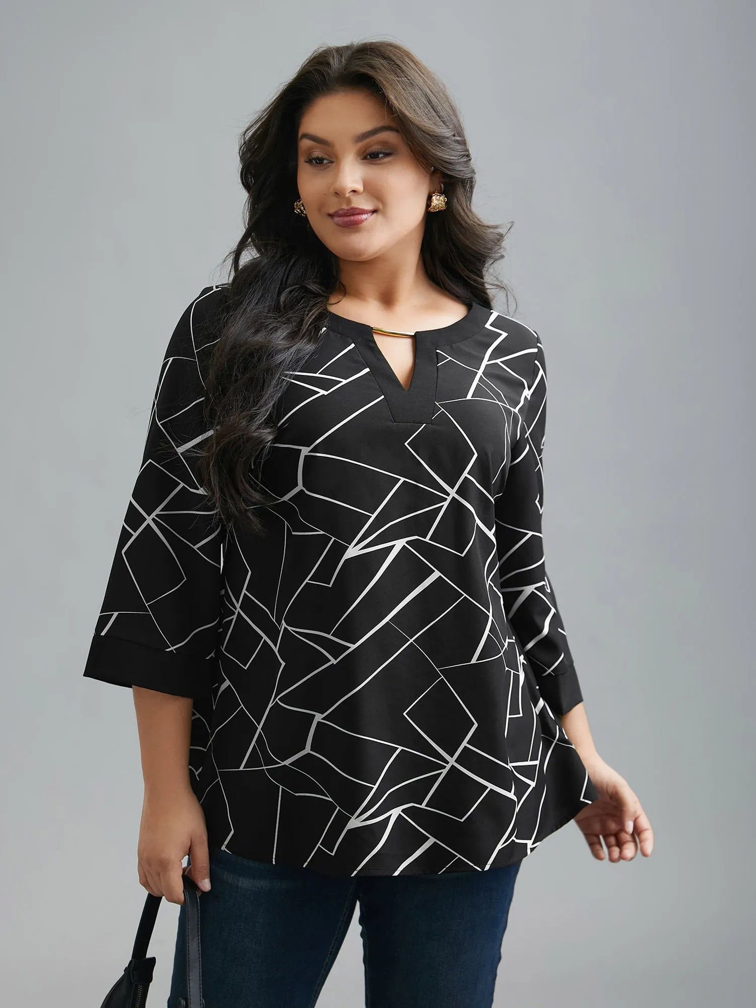 Geometric Print Metal Detail Spliced Blouse sold by Bloomchic product image thumbnail 3