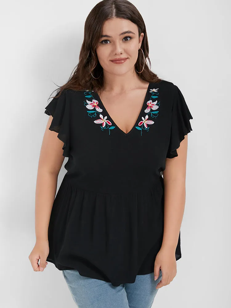 Floral Embroidered Flutter V Neck Blouse sold by Bloomchic