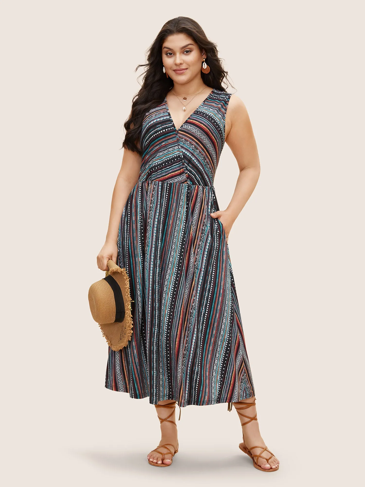 Overlap Collar Bandana Striped Sleeveless Dress sold by Bloomchic
