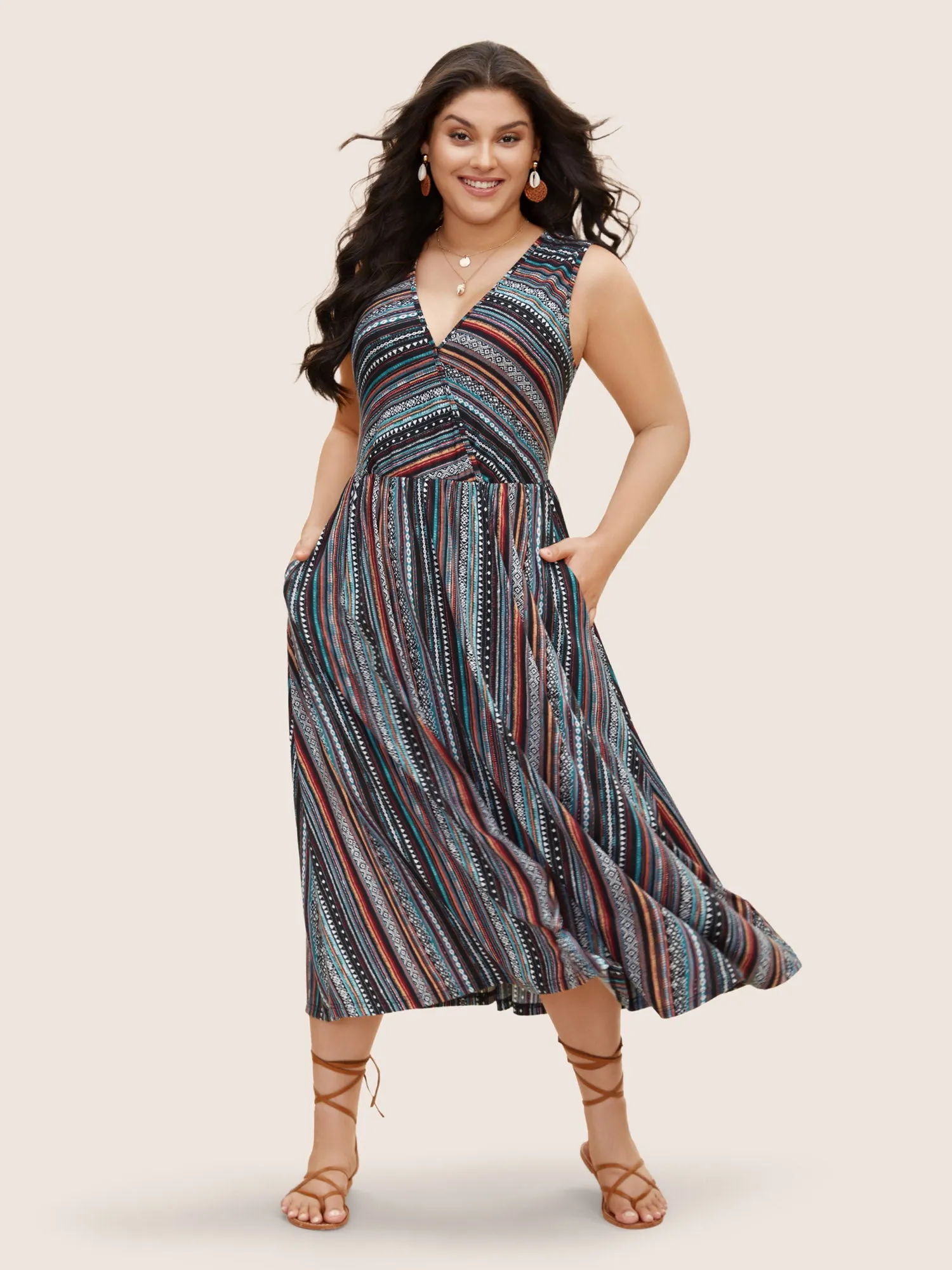 Overlap Collar Bandana Striped Sleeveless Dress sold by Bloomchic product image thumbnail 3