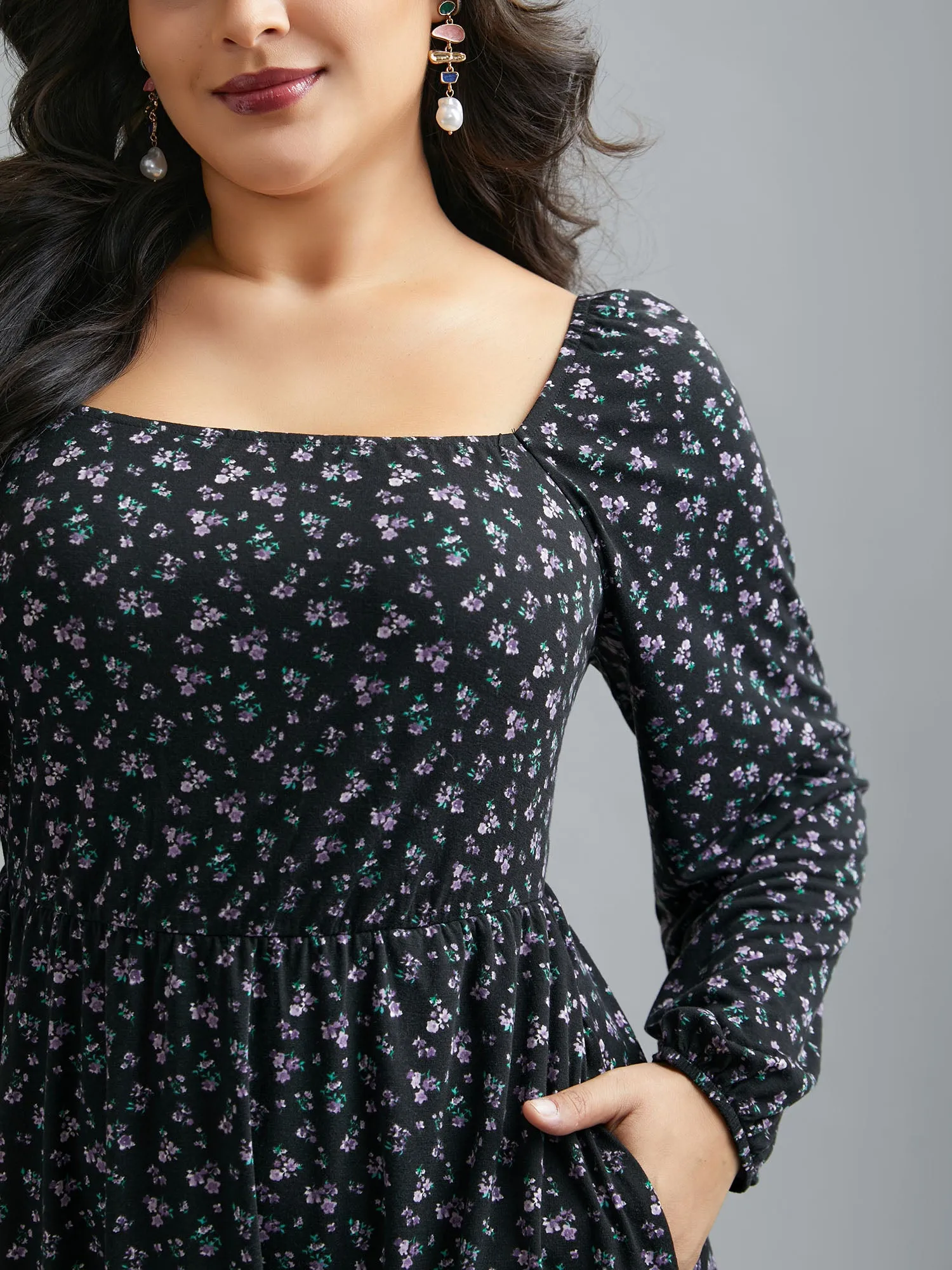 Square Neck Ditsy Floral Elastic Waist Dress sold by Bloomchic product image thumbnail 5