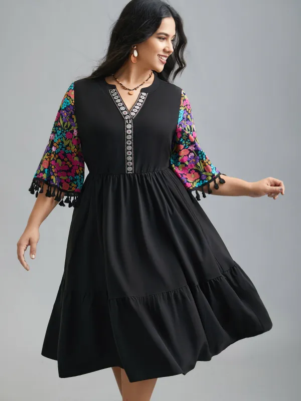 Cotton Floral Embroidered Contrast Webbing Tassels Dress sold by Bloomchic