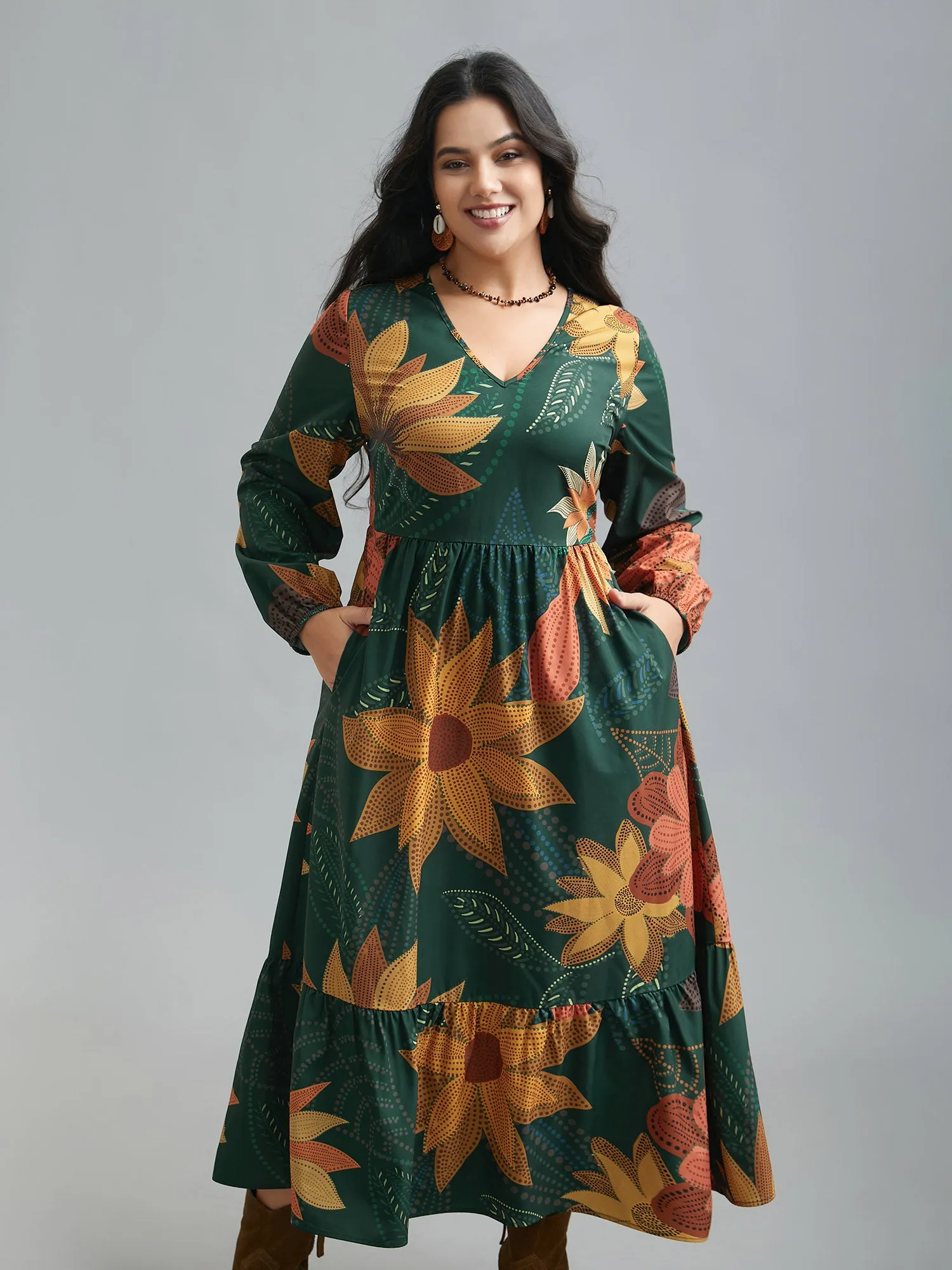 V-Neck Floral Elastic Waist Maxi Dress sold by Bloomchic