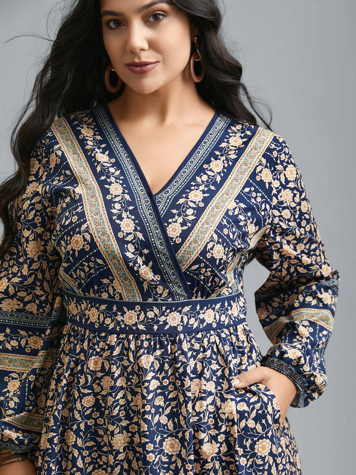 Surplice Neck Boho Print Elastic Waist Dress sold by Bloomchic product image thumbnail 3