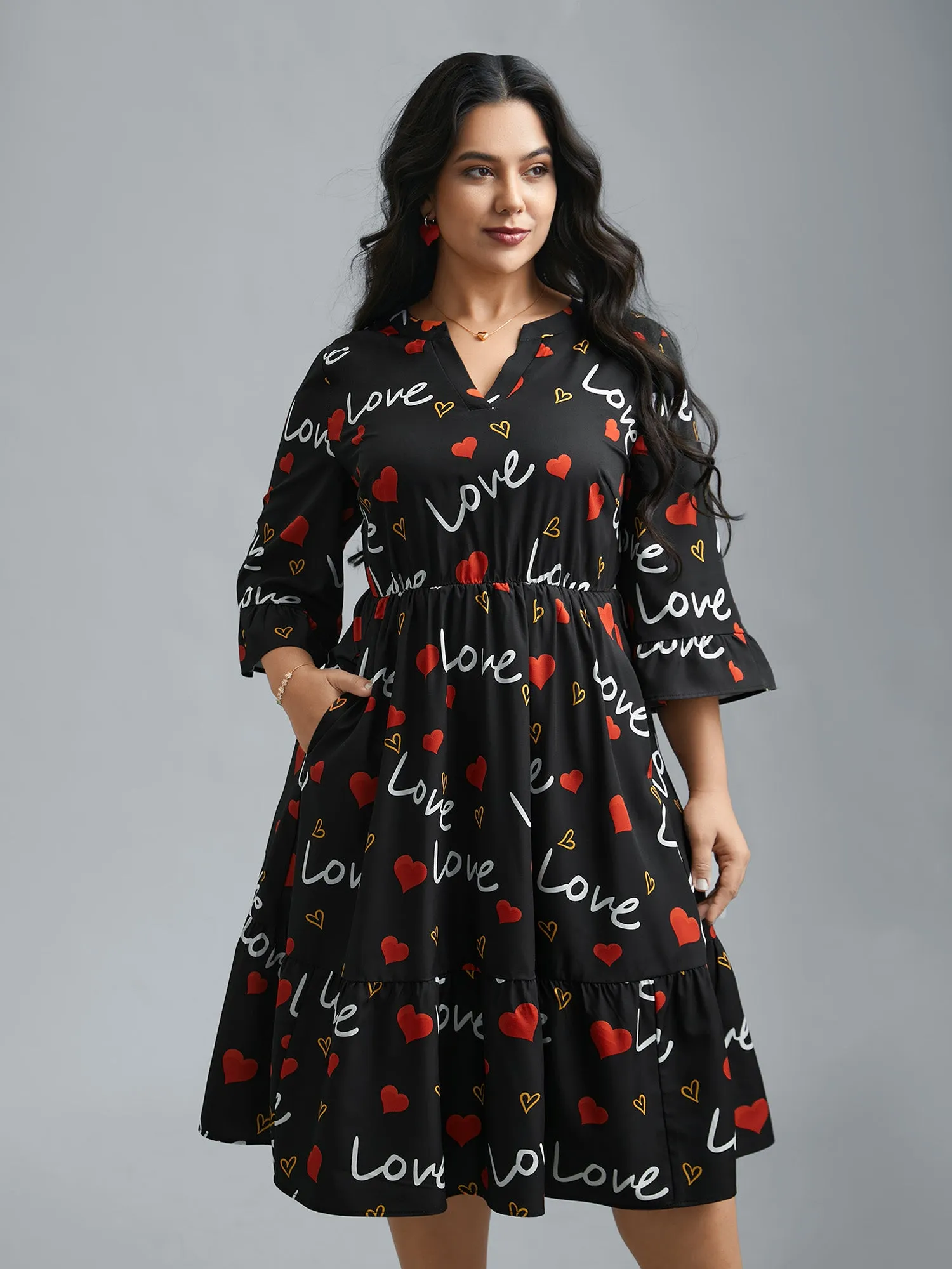 Notched Collar Heart Print Tiered Midi Dress sold by Bloomchic product image thumbnail 2