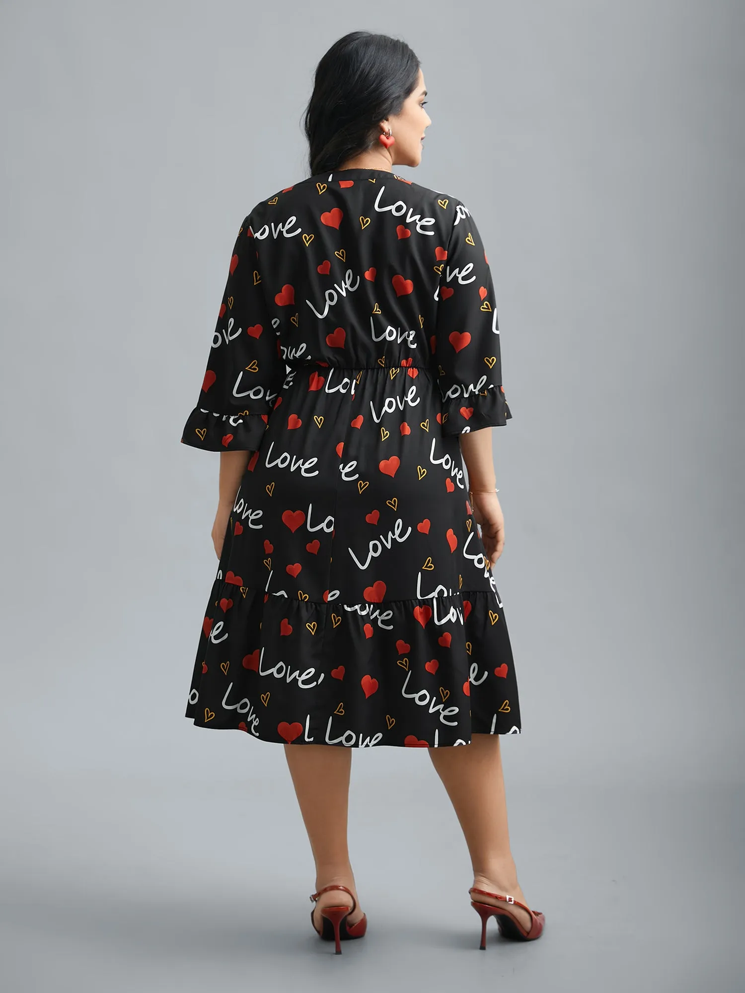 Notched Collar Heart Print Tiered Midi Dress sold by Bloomchic product image thumbnail 5