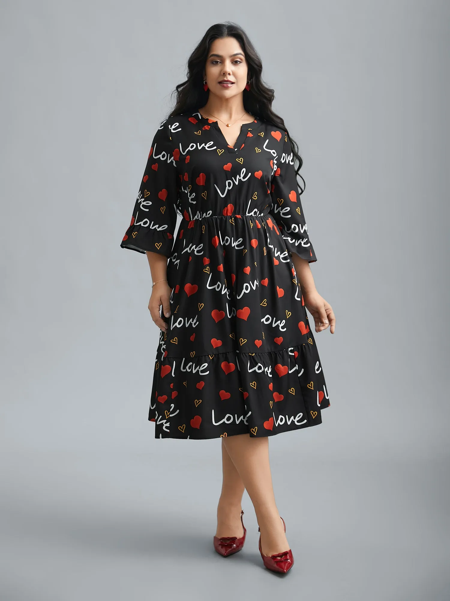 Notched Collar Heart Print Tiered Midi Dress sold by Bloomchic product image thumbnail 4