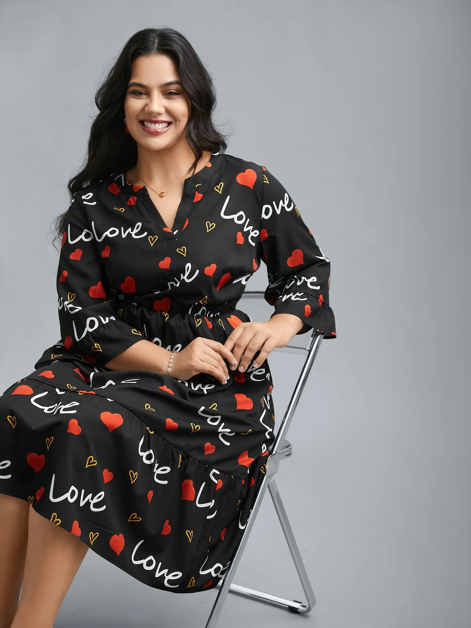 Notched Collar Heart Print Tiered Midi Dress sold by Bloomchic product image thumbnail 3