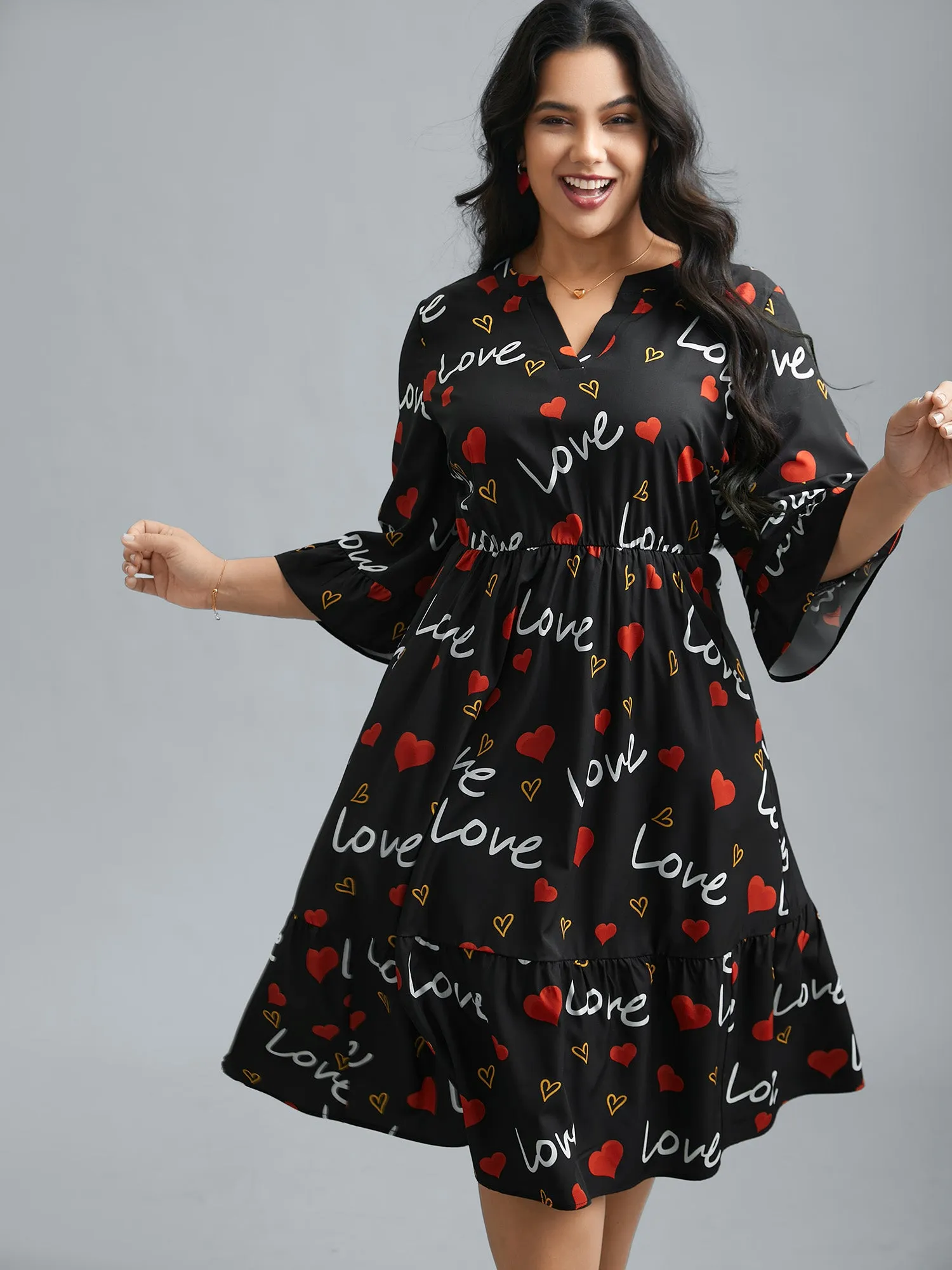 Notched Collar Heart Print Tiered Midi Dress sold by Bloomchic
