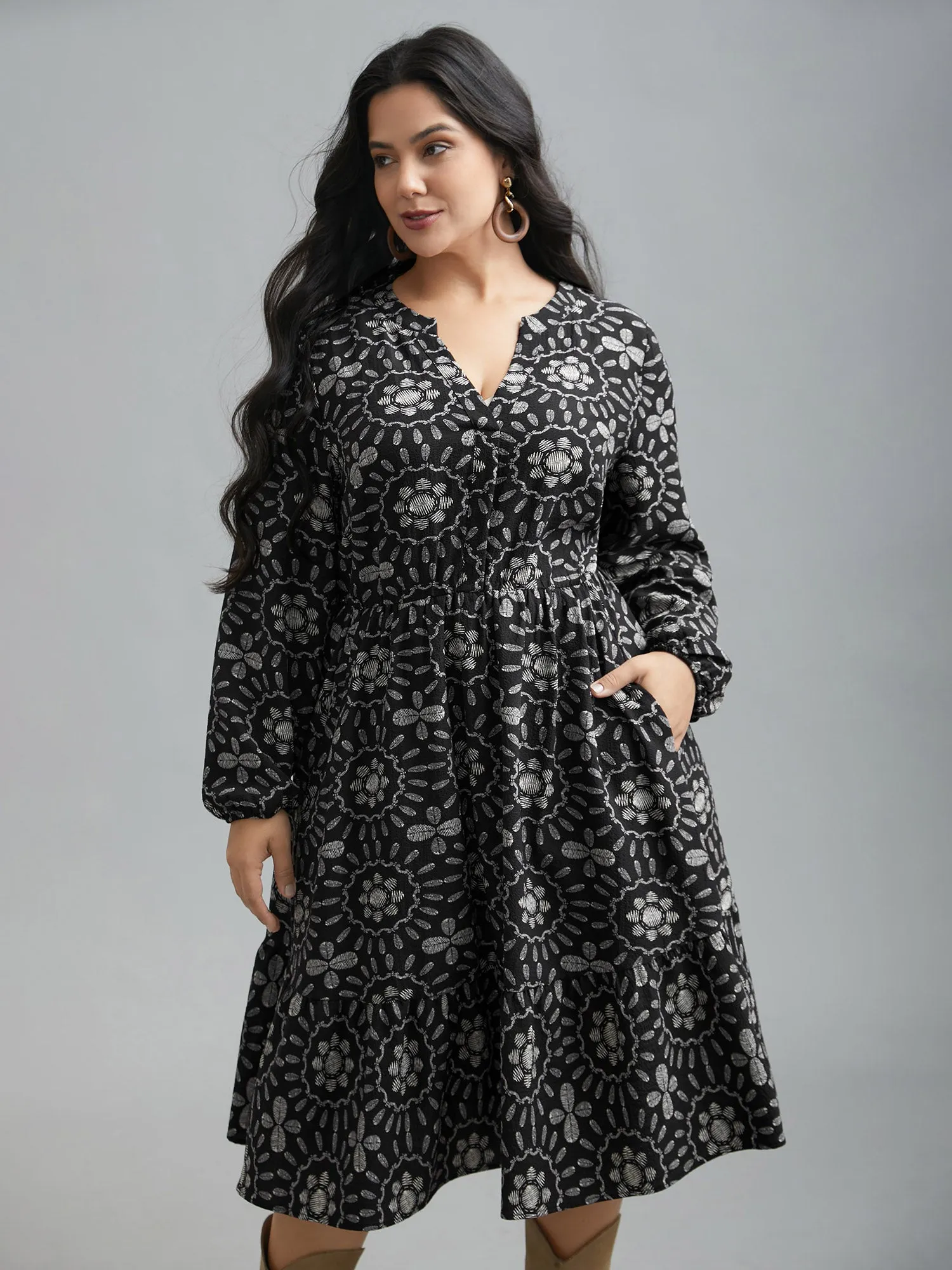 Notched Collar Print Tiered Midi Dress sold by Bloomchic product image thumbnail 4