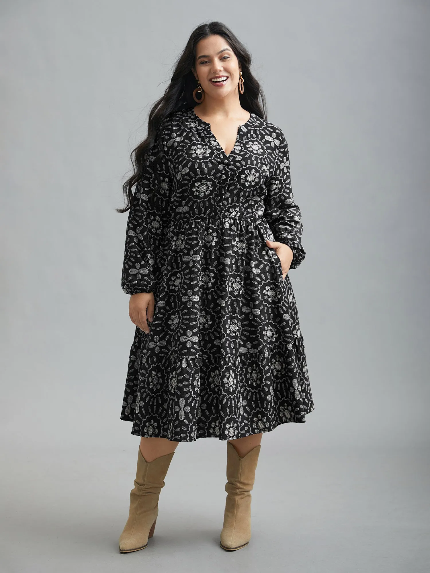 Notched Collar Print Tiered Midi Dress sold by Bloomchic product image thumbnail 2