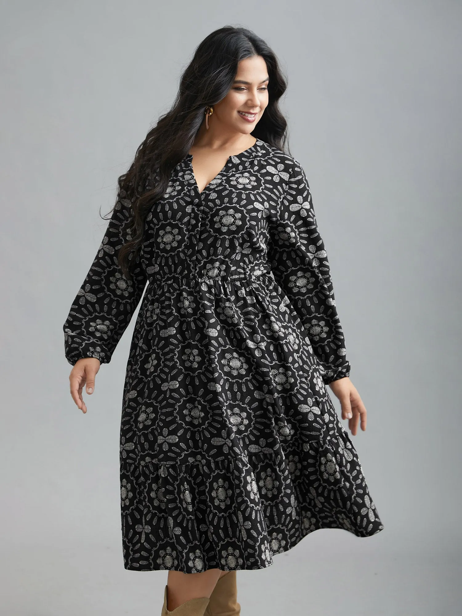 Notched Collar Print Tiered Midi Dress sold by Bloomchic