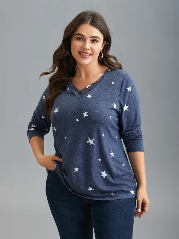 Star Print Crisscross Cut-Out T-Shirt sold by Bloomchic