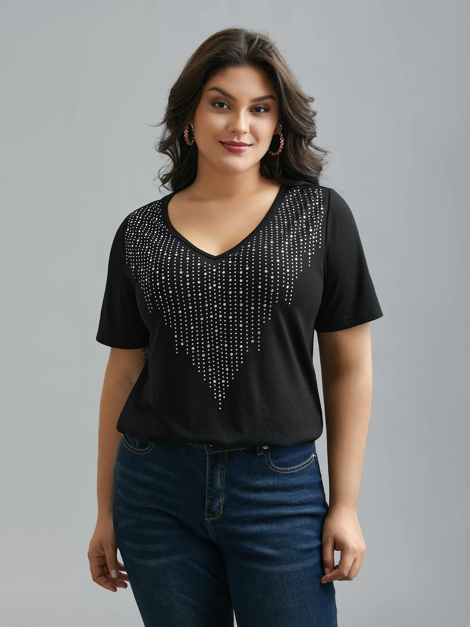 V-Neck Rhinestone Stretchy T-Shirt sold by Bloomchic product image thumbnail 2
