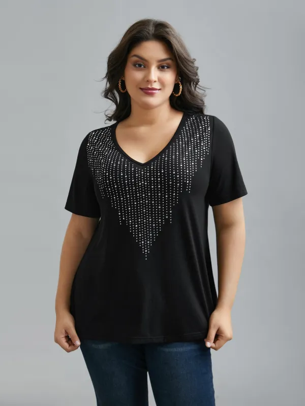 V-Neck Rhinestone Stretchy T-Shirt sold by Bloomchic