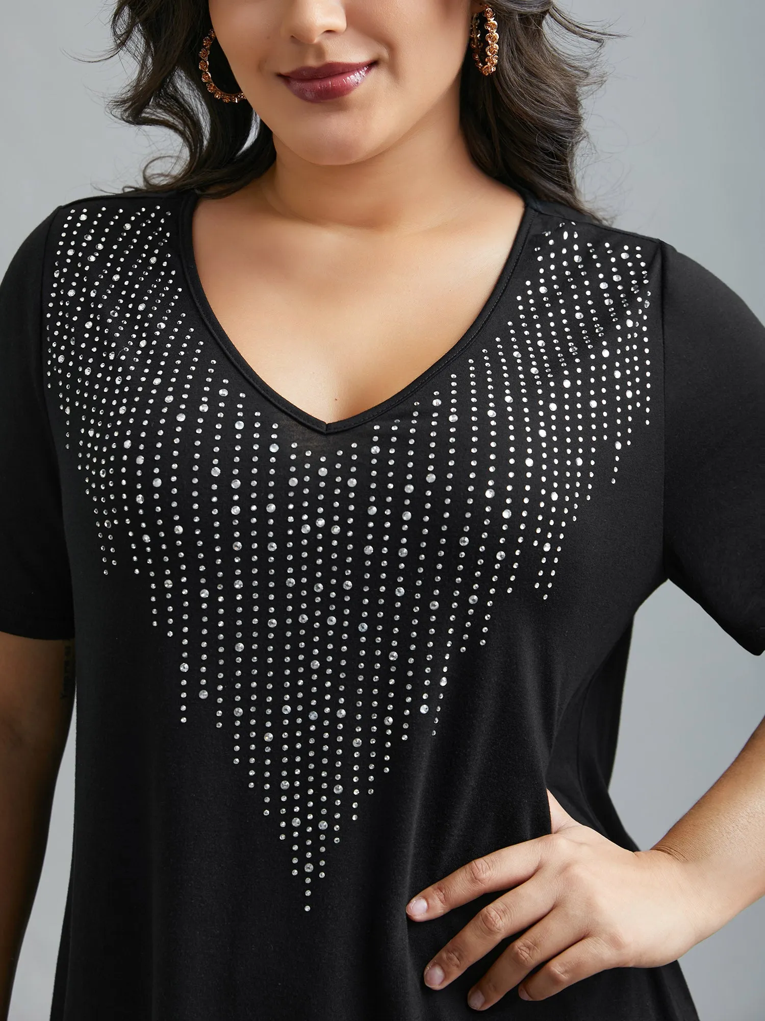 V-Neck Rhinestone Stretchy T-Shirt sold by Bloomchic product image thumbnail 5