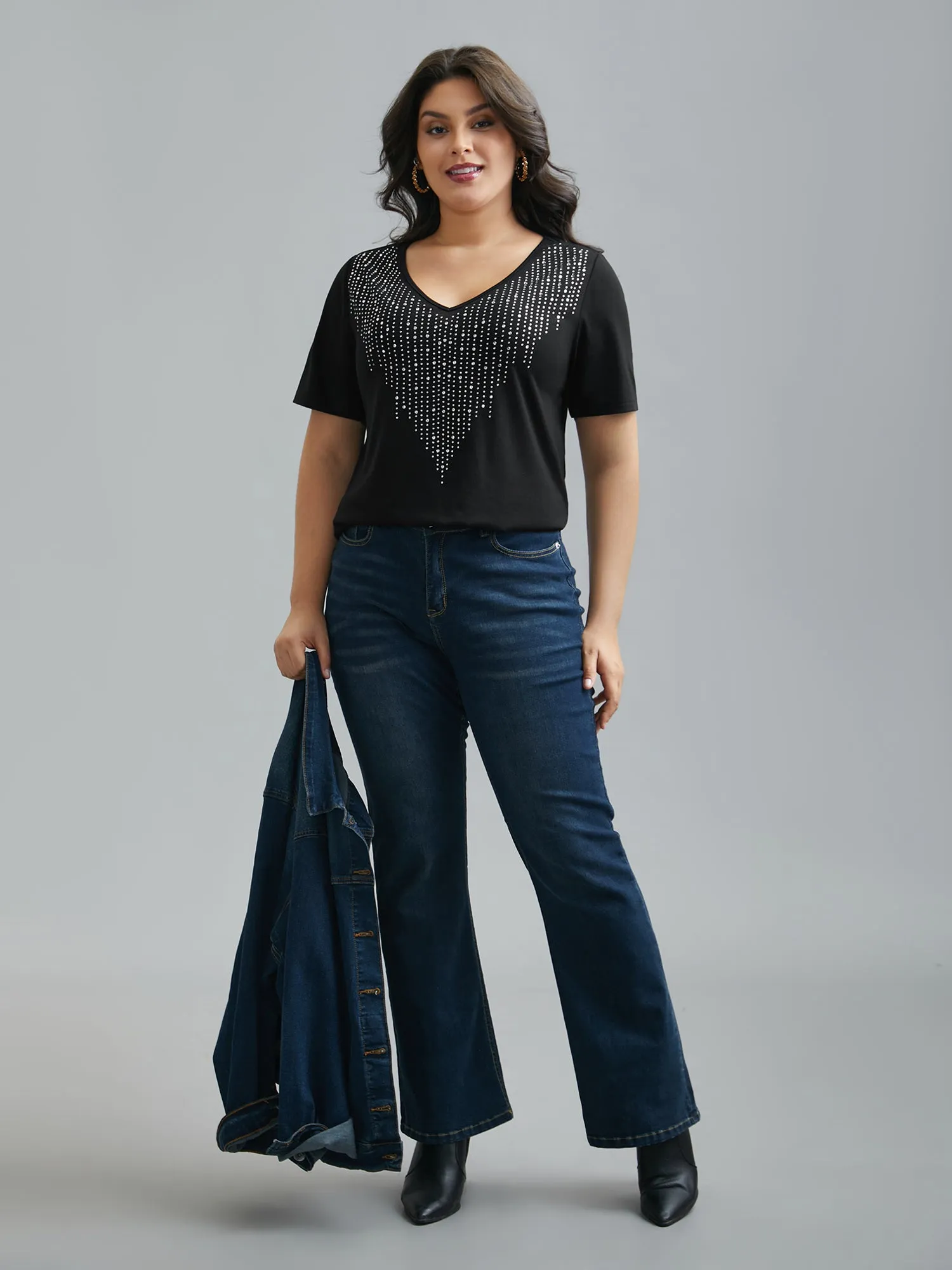 V-Neck Rhinestone Stretchy T-Shirt sold by Bloomchic product image thumbnail 4