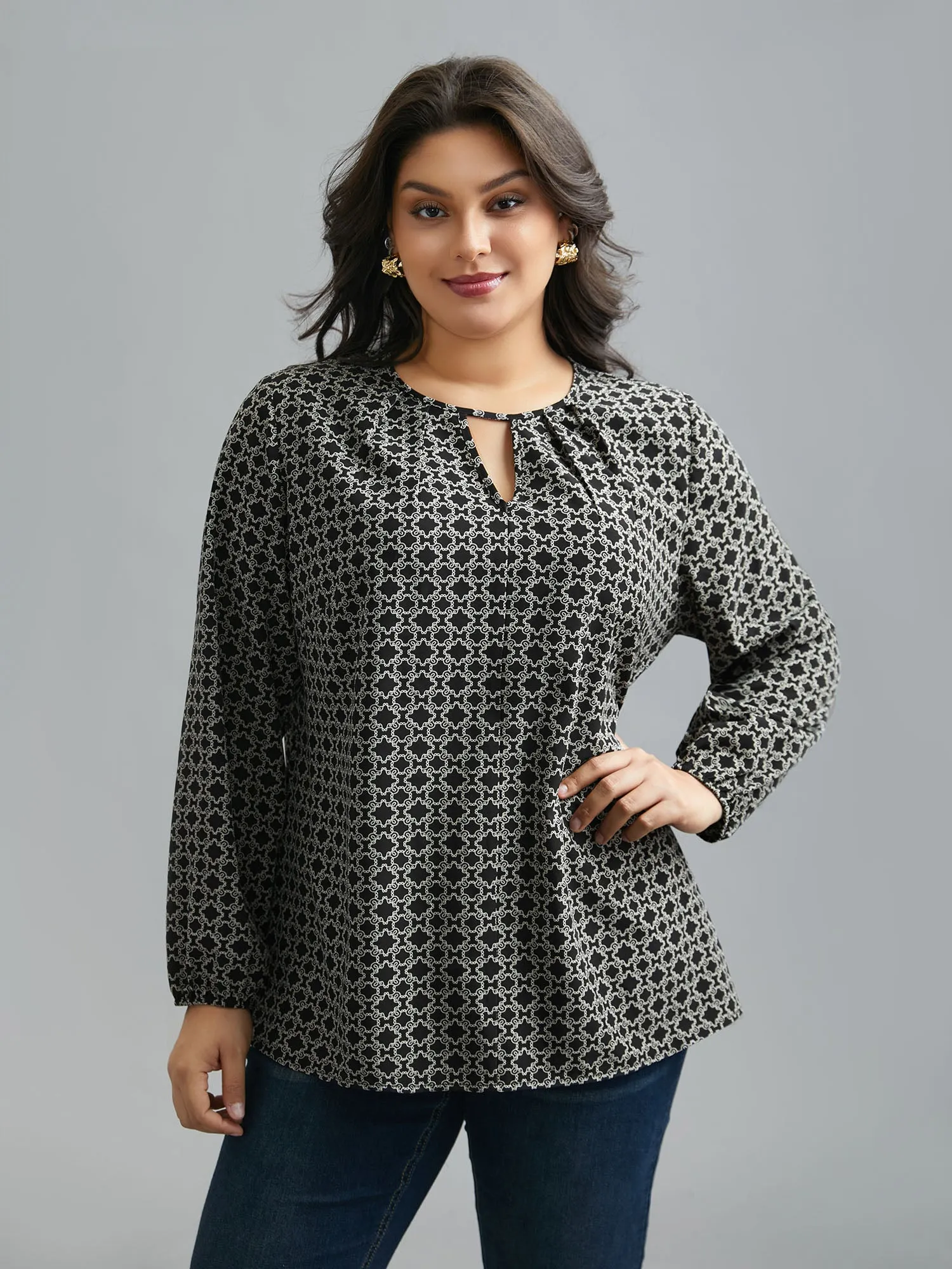 Geometric Print Plicated Detail Keyhole Blouse sold by Bloomchic