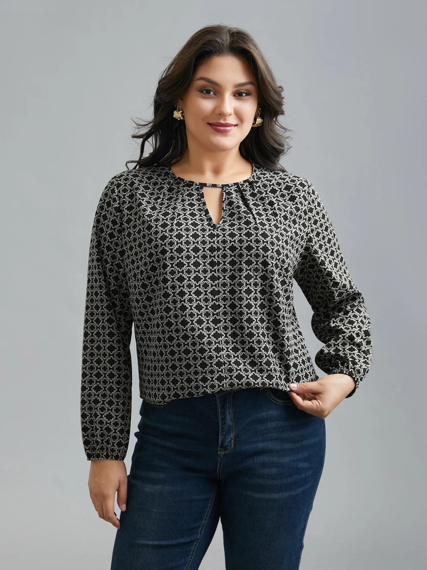 Geometric Print Plicated Detail Keyhole Blouse sold by Bloomchic product image thumbnail 2