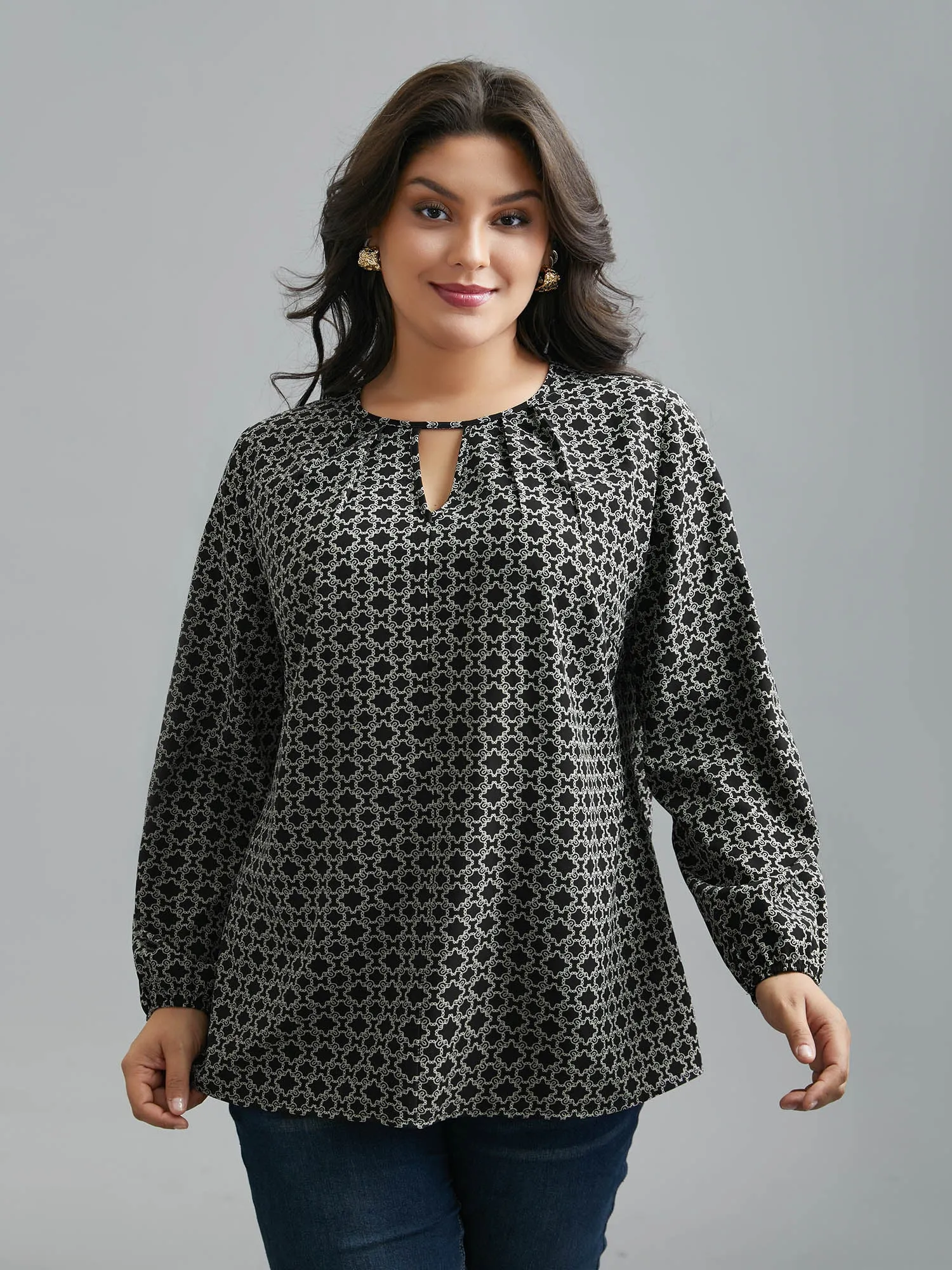 Geometric Print Plicated Detail Keyhole Blouse sold by Bloomchic product image thumbnail 4