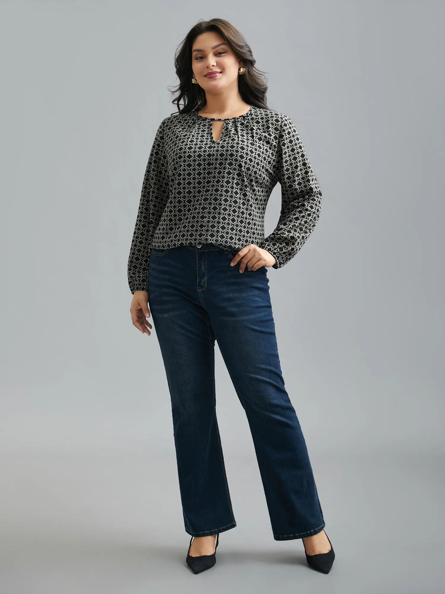 Geometric Print Plicated Detail Keyhole Blouse sold by Bloomchic product image thumbnail 3