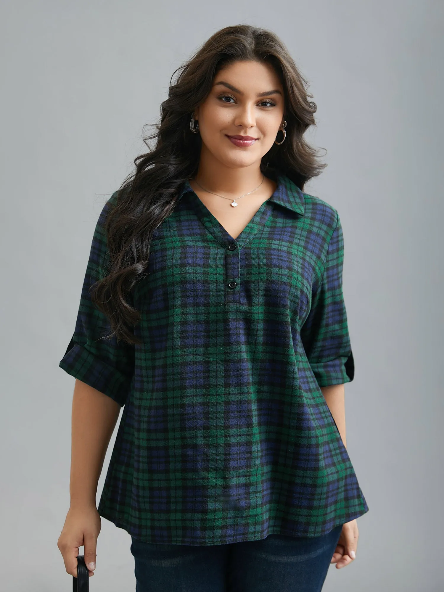 Plaid Print Tab Sleeve Blouse sold by Bloomchic product image thumbnail 3