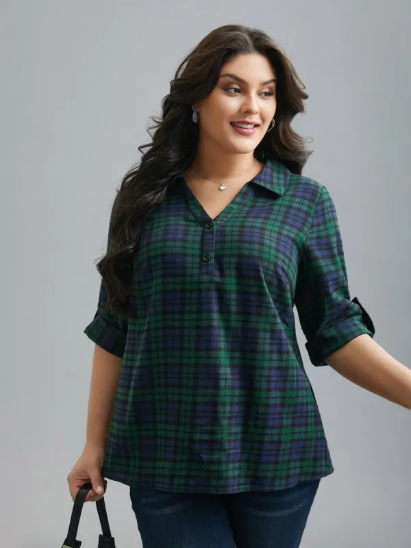 Plaid Print Tab Sleeve Blouse sold by Bloomchic