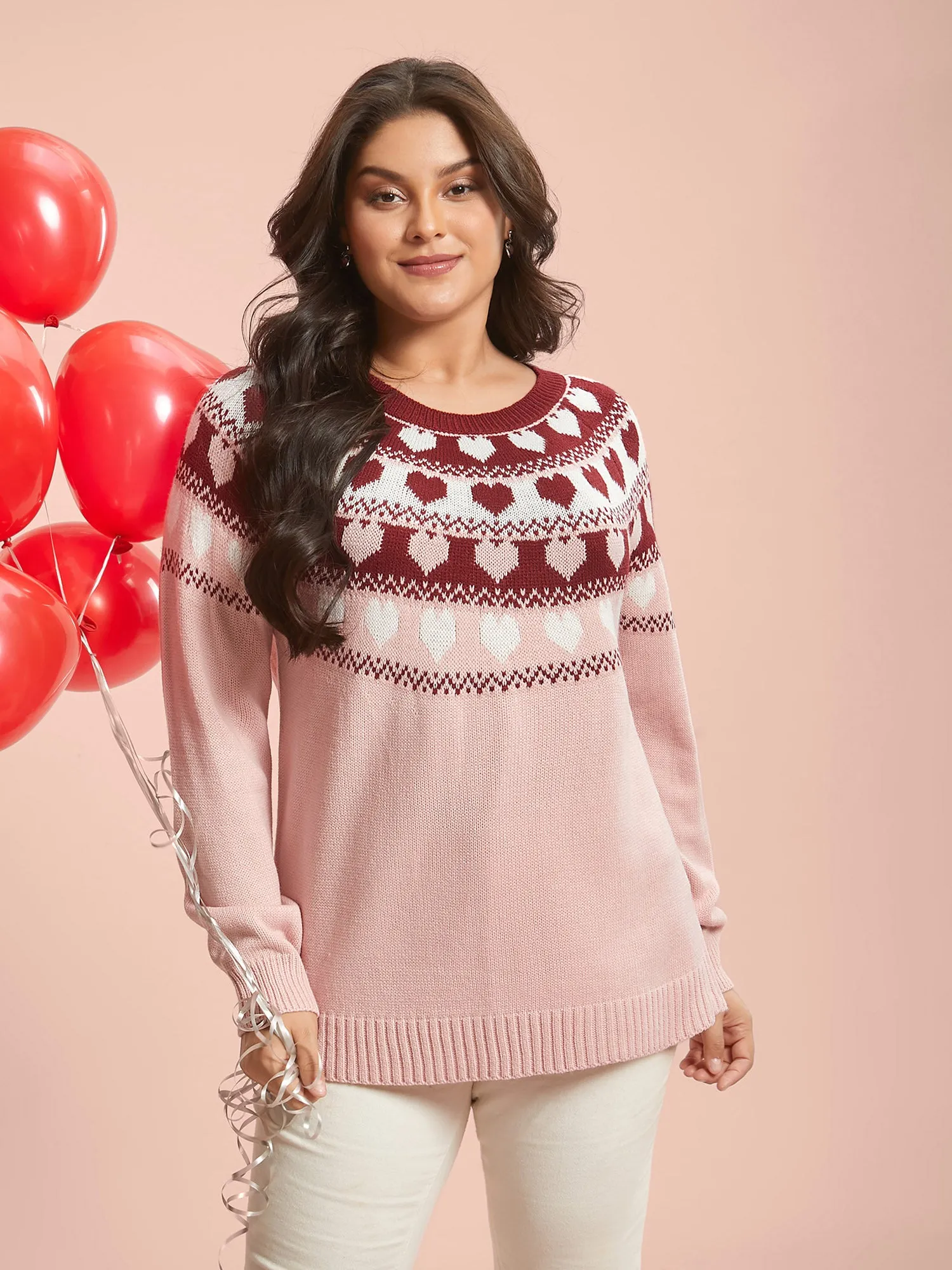 Round Neck Heart Jacquard Ribbed Pullover sold by Bloomchic