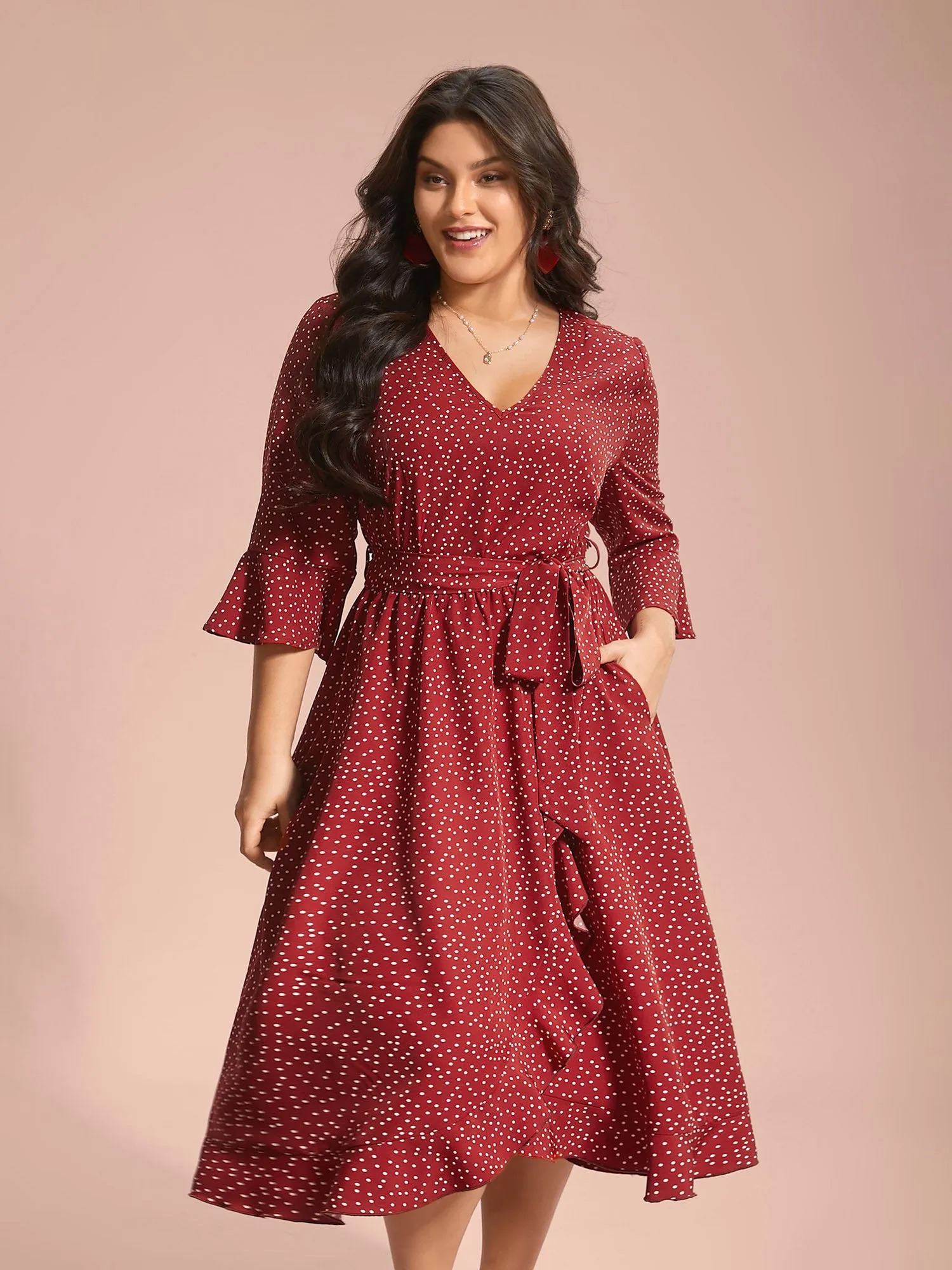 Polka Dots Waist-Tie Ruffled Midi Dress sold by Bloomchic product image thumbnail 3