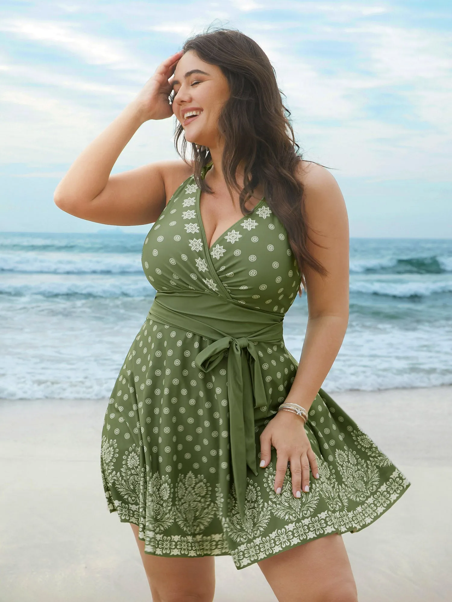 Boho Print Waist-Tie Surplice Neck Swim Dress sold by Bloomchic