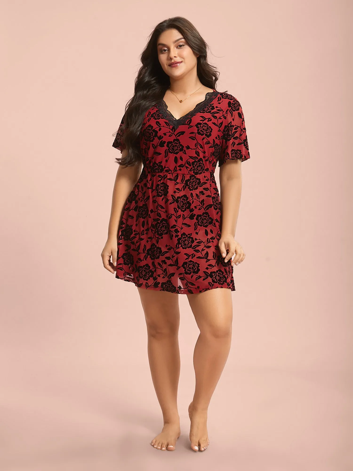 Lace Trim Floral Flocked Sheer Sleep Dress sold by Bloomchic product image thumbnail 2