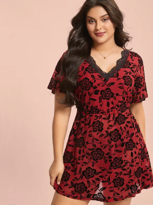 Lace Trim Floral Flocked Sheer Sleep Dress sold by Bloomchic