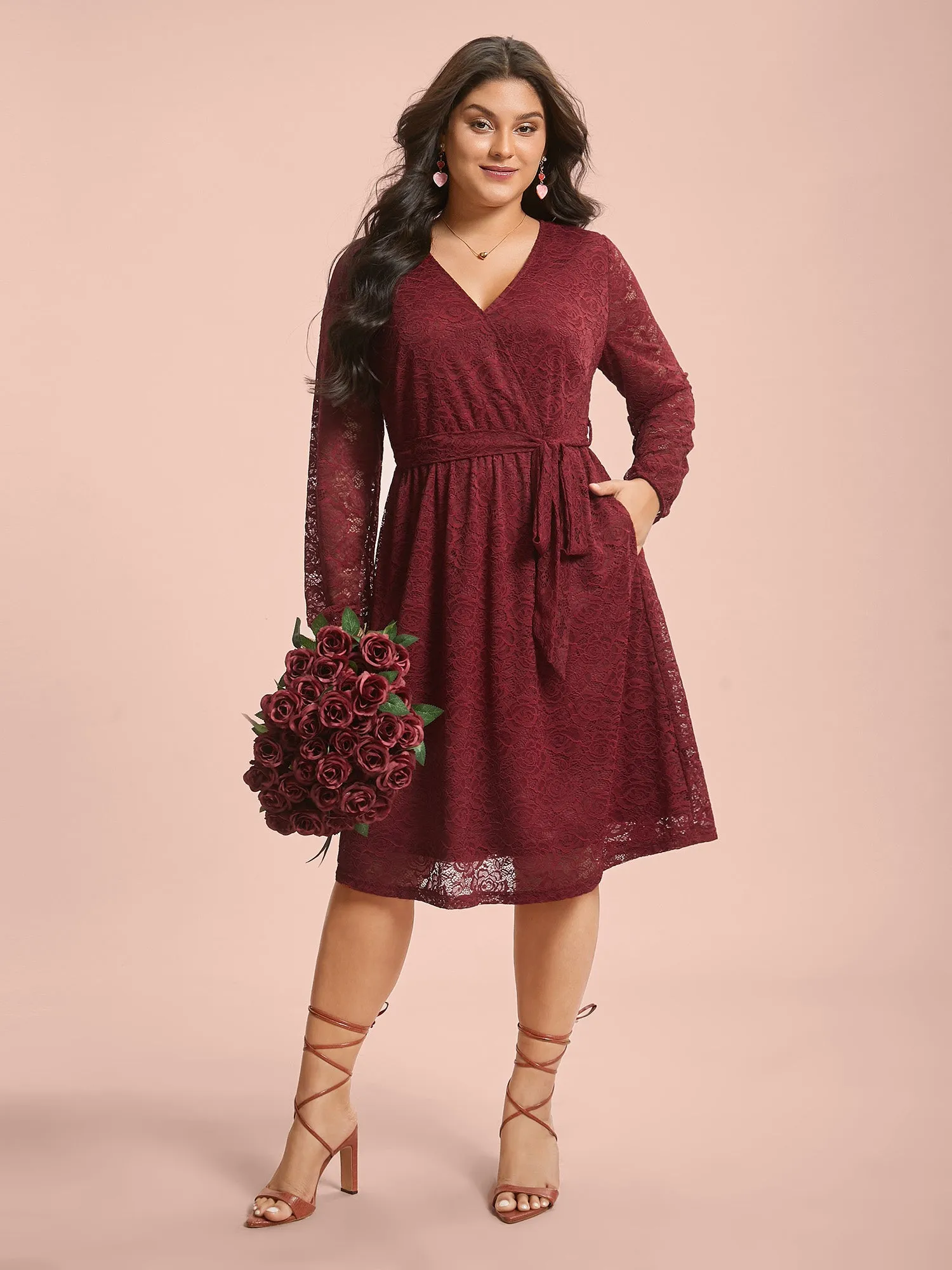 Crochet Lace Mesh Surplice Neck Belted Dress sold by Bloomchic