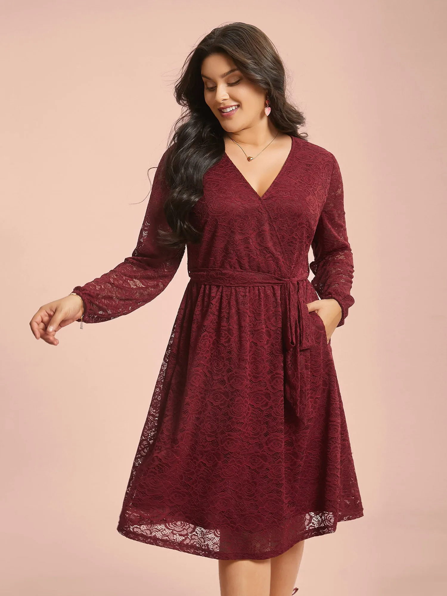 Crochet Lace Mesh Surplice Neck Belted Dress sold by Bloomchic product image thumbnail 4