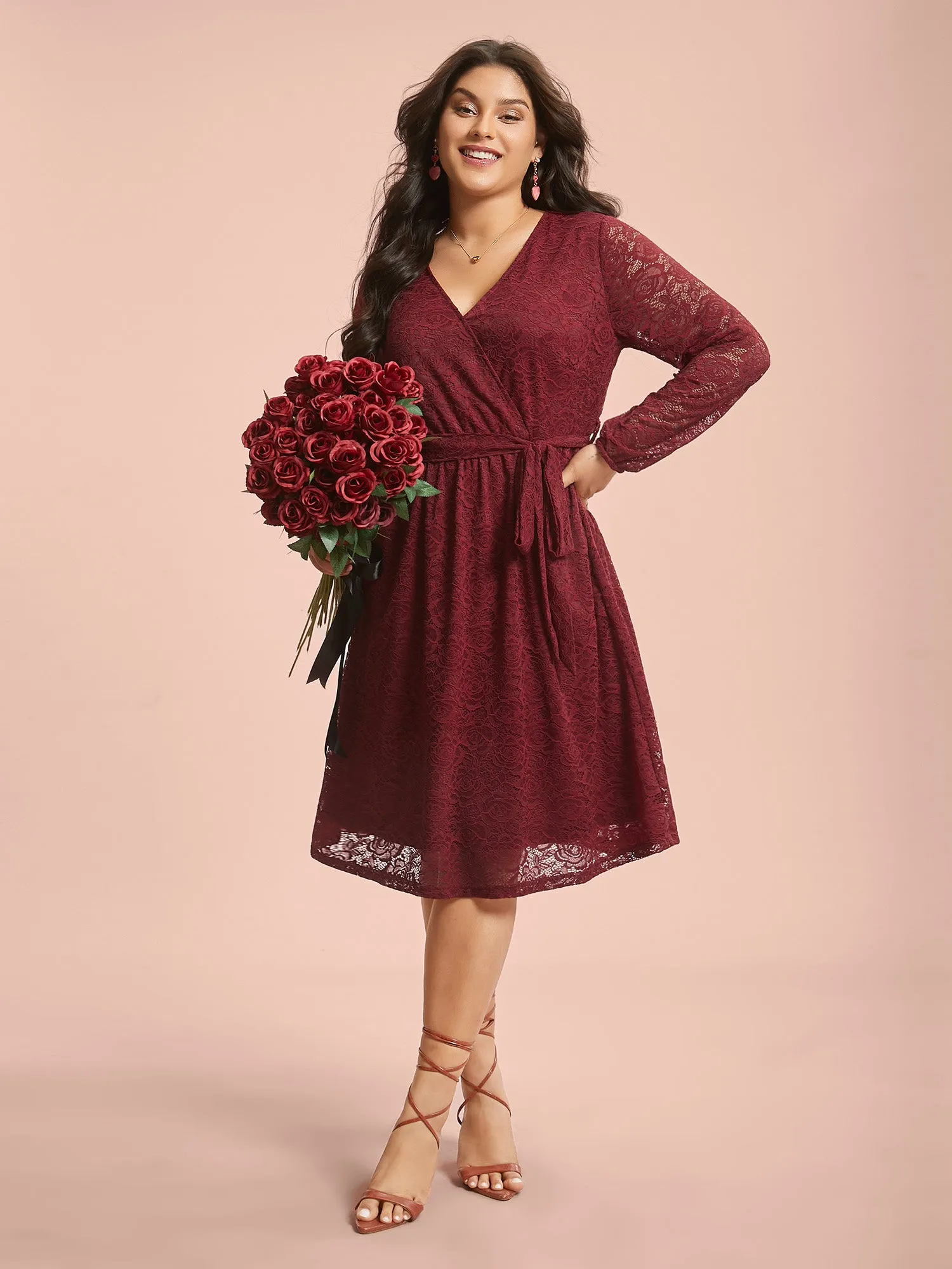 Crochet Lace Mesh Surplice Neck Belted Dress sold by Bloomchic product image thumbnail 3