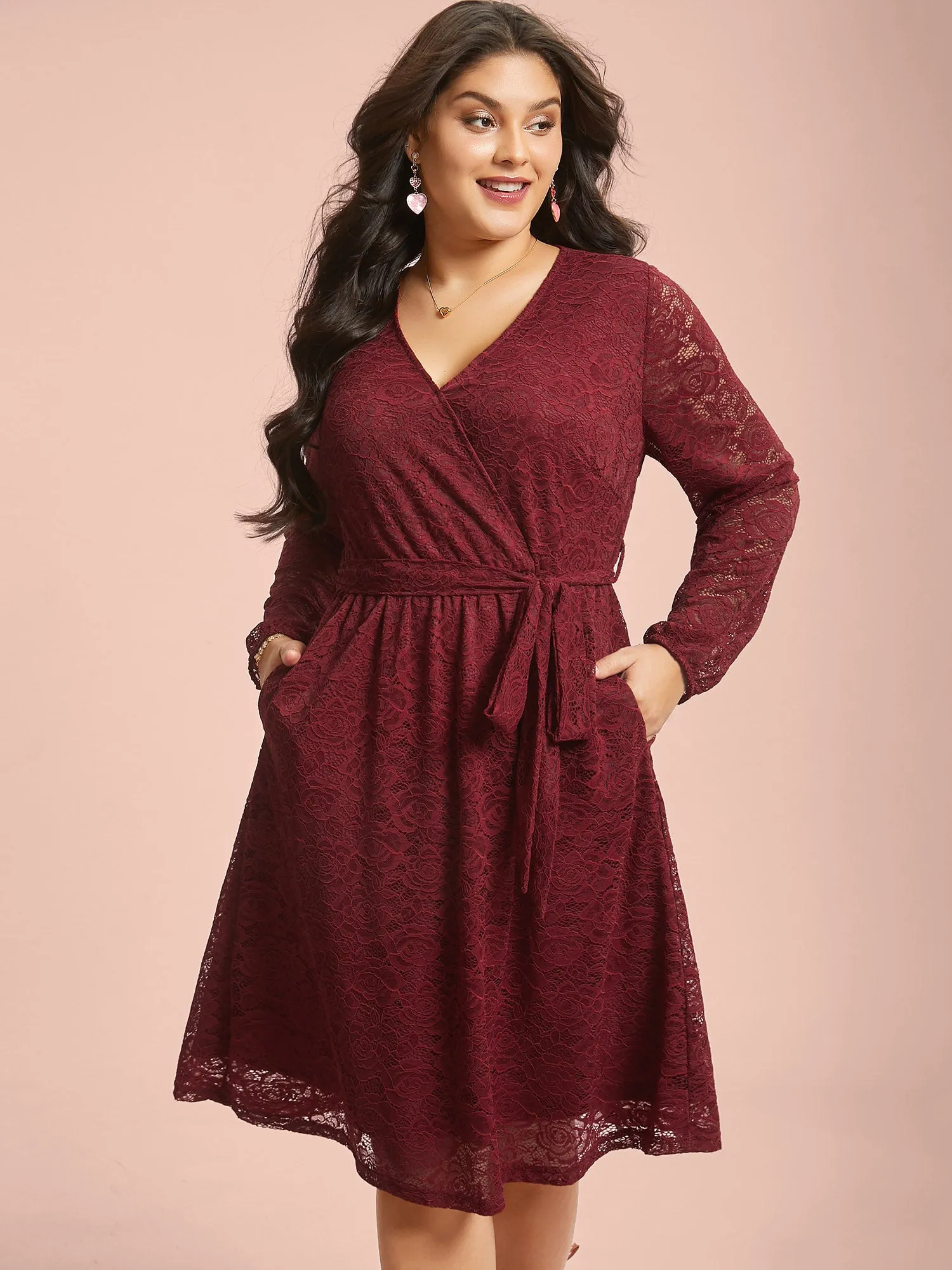 Crochet Lace Mesh Surplice Neck Belted Dress sold by Bloomchic product image thumbnail 2