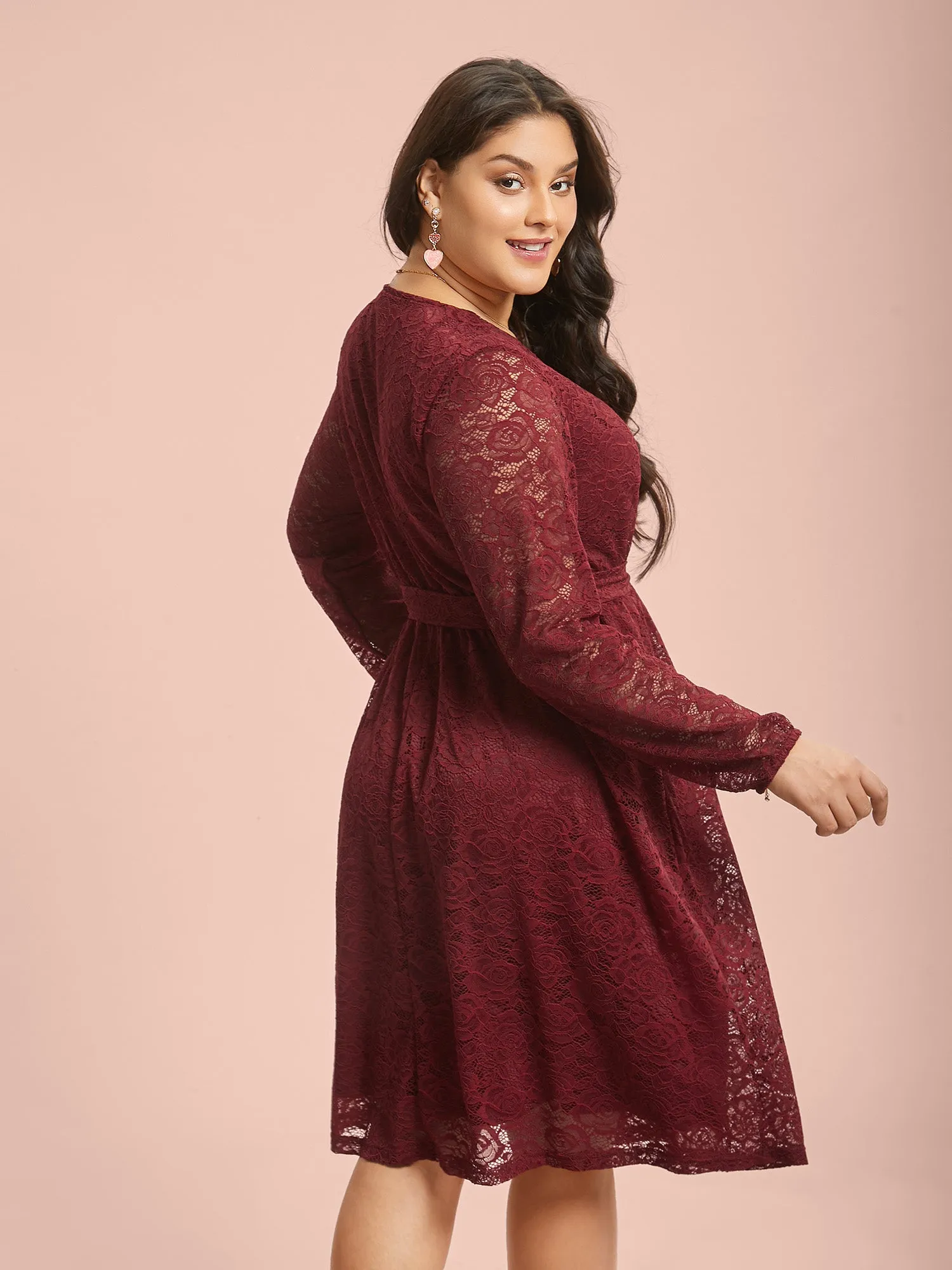 Crochet Lace Mesh Surplice Neck Belted Dress sold by Bloomchic product image thumbnail 5