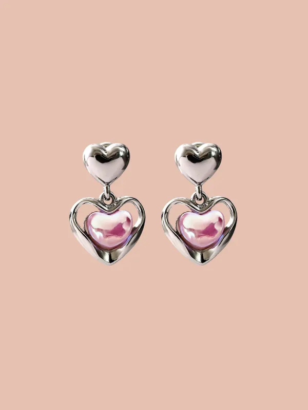 Double Hearts Silver-Tone Drop Earrings sold by Bloomchic