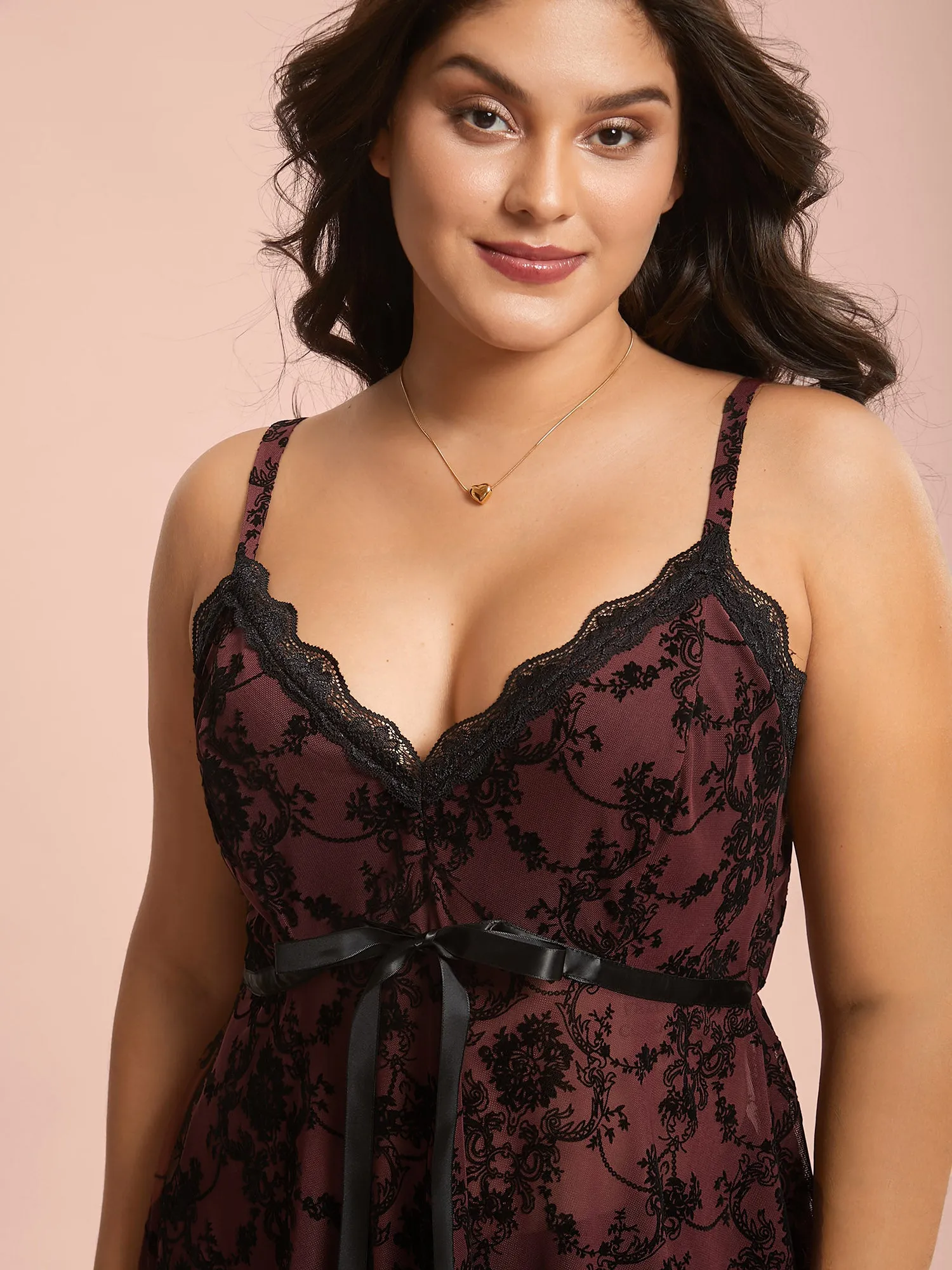 Sheer Floral Lace Patchwork Tie Sleep Dress sold by Bloomchic product image thumbnail 2