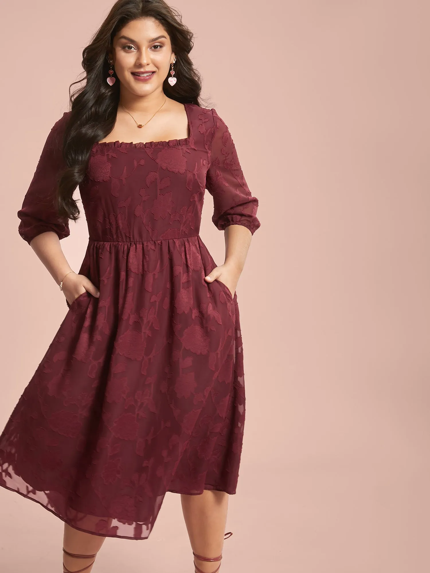 Floral Frill Trim Stretchy-Waist Sheer Midi Dress sold by Bloomchic product image thumbnail 4